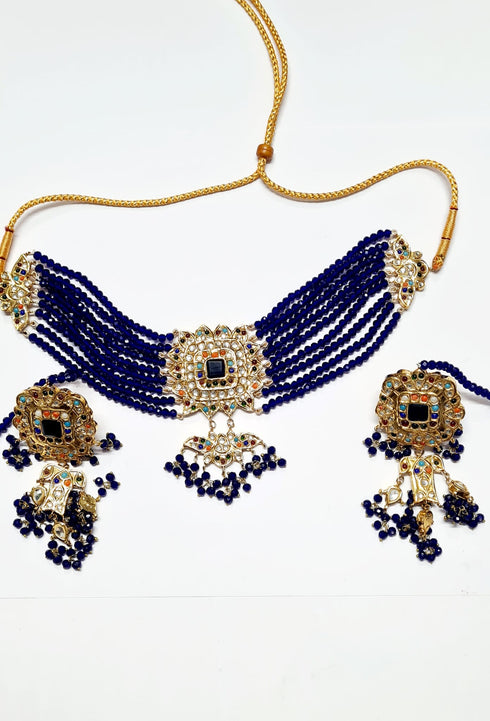 Premium Quality THappa Kundan Jurao CHokar Set With Blue Stones ,Multi Color Pearls