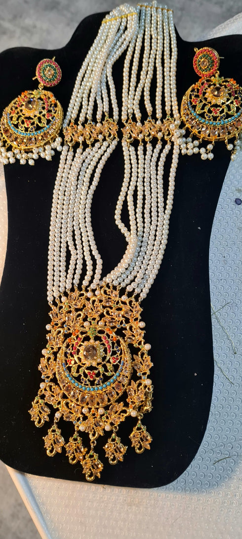 Premium Quality Gold Plated Long Necklace,Earrings With Rhinestones and Zercon