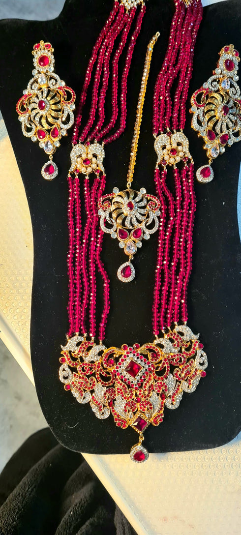 Premium Quality Gold Plated Long Necklace,Earrings With Rhinestones and Zercon