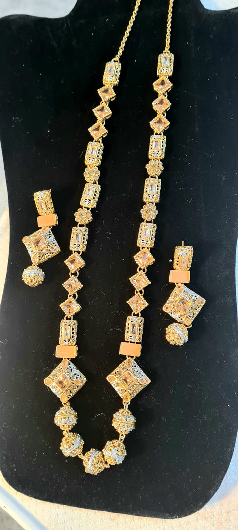 Premium Quality Gold Plated Long Necklace,Earrings With Rhinestones and Zercon