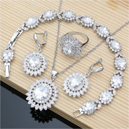 White Silver Zircon Jewelry Set - Earrings/Pendant/Necklace/Bracelet/Ring Size 8