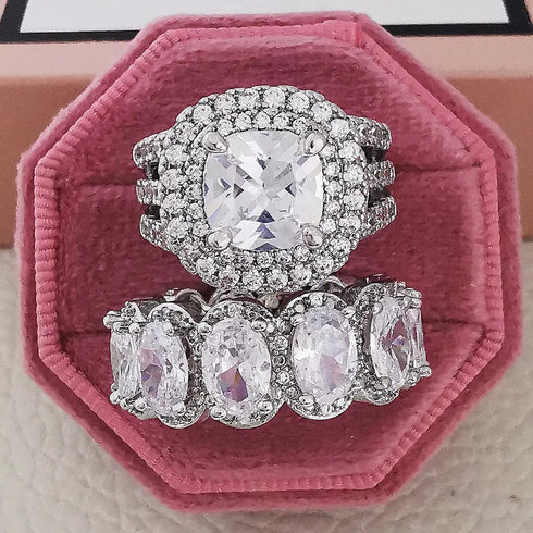 2Pcs/Set Full Rhinestone Crystal Engagement Ring 8A Cubic Zirconia Diamond Promise Wedding Ring