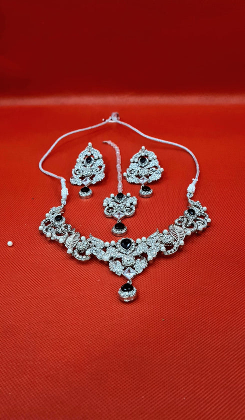 Gold Plated Hand Made AD Black Stone Necklace Set